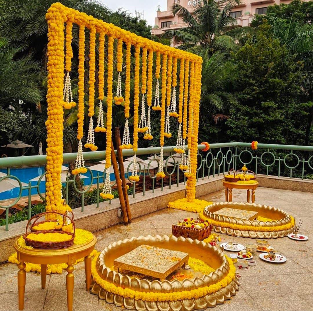 Delhi wedding decoration, haldi mehndi decor, shaadi aura setup
